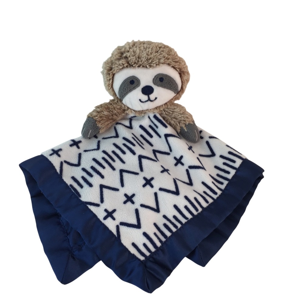 Cloud Island Sloth Security Blanket Lovey Blue Geometric Satin Trim Back